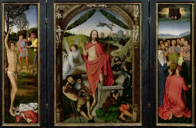 Triptychon der Auferstehung: Die Auferstehung (Mitte) Das Martyrium des Hl. Sebastian (links) und Die Himmelfahrt (rechts) ca. 1485-90